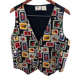 VTG Nutcracker Women's Cotton Christmas Bears Vest Size Large Button-Up Tie Back
